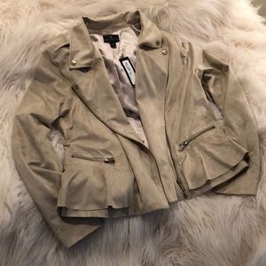 Beige moto peplum faux suede jacket